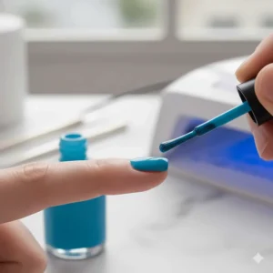 Step-by-step image of a brush applying a coat of vibrant blue gel nail polish onto a nail bed.