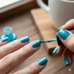 Hand holding a brush applying a second coat of blue glitter nail polish onto a fingernail.