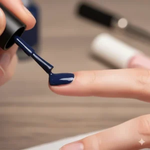 A detailed shot of a brush applying a smooth coat of navy blue nail polish to a clean fingernail.