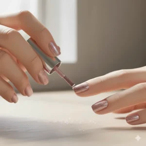 A hand applying the second coat of bright pink glitter polish to a fingernail.