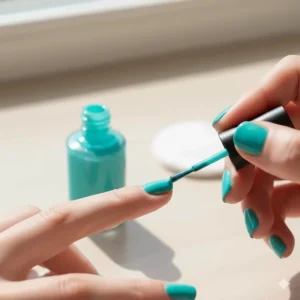 Hand holding a brush, carefully applying turquoise nail polish to a fingernail.