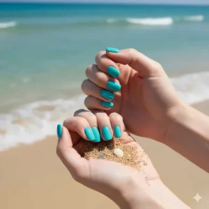 A person on a beach vacation showing off their bright turquoise nails against the ocean.