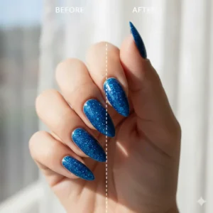 Before and after comparison of bare nails versus nails polished with the brilliant blue glitter nail polish.