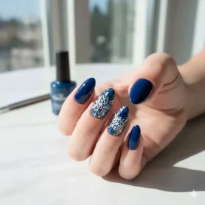 Creative nail art design featuring accents of glitter and white layered over a solid blue gel nail polish base coat.