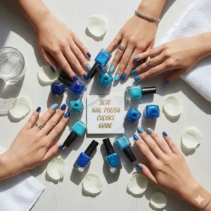 A vibrant collage featuring hands with nails painted in various blue nail polish colors, from deep navy to bright sky blue, showcasing popular shades.