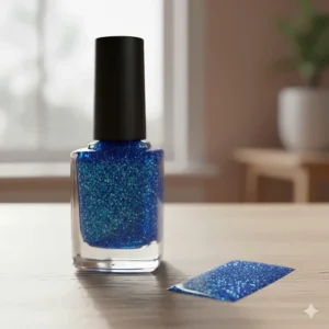 A small glass bottle of blue sparkle nail polish with a glossy, shimmering swatch next to it.