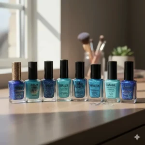 A group of various brands of blue sparkle nail polishes lined up on a vanity.