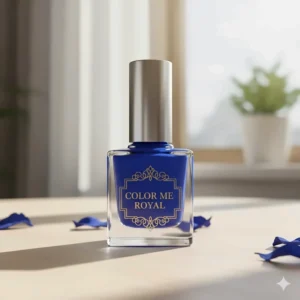 Close-up of a glass bottle containing vibrant royal blue nail polish.