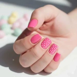 Playful nail art featuring a classic bubblegum pink nail polish base with small white accent dots.
