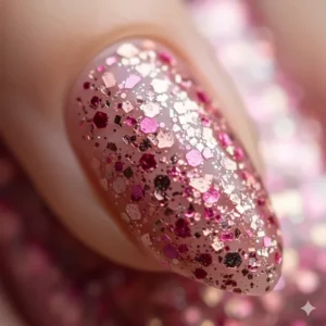 Extreme close-up of chunky pink glitter particles in a textured nail polish application.