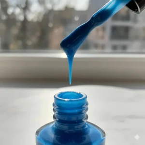 Extreme close-up of the thick, non-drip texture of the high-quality blue gel nail polish as it drips from the brush.
