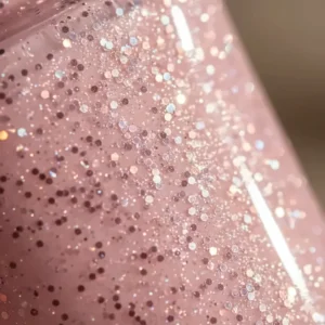 An extremely close-up view of the fine sparkling texture within the pink nail polish.