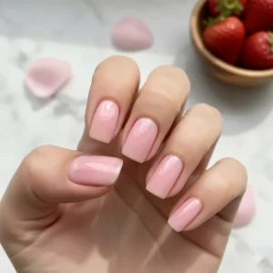 Close-up showing the smooth, milky-pink application of strawberry milk nail polish, highlighting the sheer, luminous finish.
