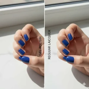 Side-by-side comparison illustrating the superior shine and depth of the blue gel nail polish versus a regular blue nail lacquer.