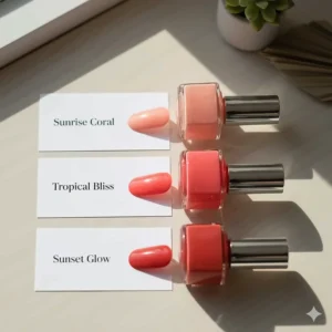 A side-by-side comparison of three slightly different shades of coral pink nail polish to help choose the best one.