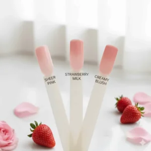 Comparison of three different milky pink shades, clearly labeling the strawberry milk nail polish color among the options.
