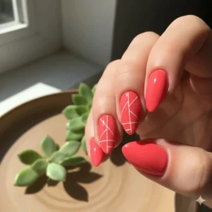 An example of chic nail art: a modern geometric design using coral pink nail polish paired with a white accent.