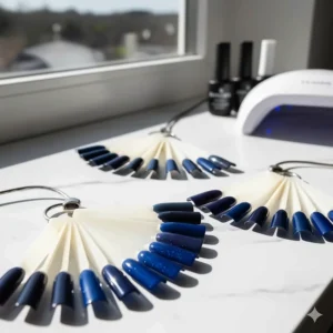 Swatch stick displaying a range of deep and dark blue gel nail polish colors, ideal for a winter manicure.