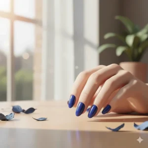 Long-lasting dark royal blue gel polish manicure applied perfectly on natural nails.