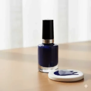 Close-up of a bottle of deep navy blue nail polish, highlighting the rich, dark shade and high-quality formula.