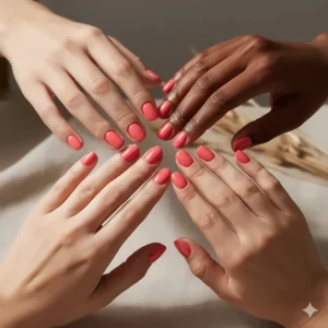 Four hands with different skin tones showcasing how beautifully the coral pink nail polish complements various complexions.