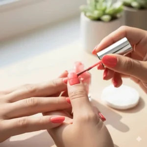 Step-by-step image of someone carefully applying the second coat of coral pink nail polish to a clean fingernail.