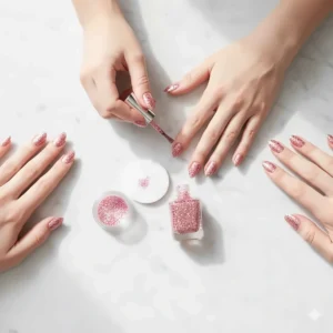 Step-by-step image for a DIY pink glitter nail polish application at home.