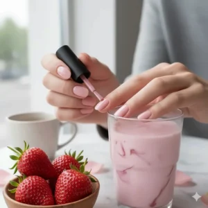 A step-by-step image from a DIY tutorial showing the application of the first coat of the sheer strawberry milk nail polish.