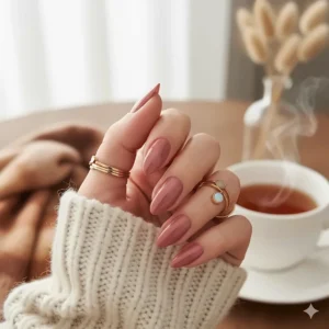 A sophisticated, muted look with a chic dusty rose pink nail polish shade, ideal for autumn or professional settings.