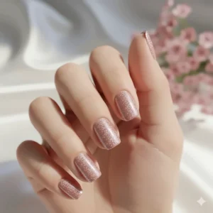 A fresh manicure showing perfectly applied glittery pink nails with a high-shine sparkle finish.