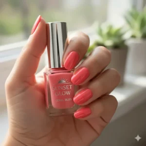 Close-up of a hand holding a bottle of coral pink nail polish, showing the shade name and brand logo clearly.