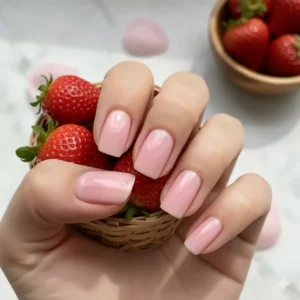 Hands gently holding a basket of strawberries, highlighting the perfect match of the strawberry milk manicure to the fruit's color.