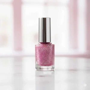 A bottle of holographic pink glitter nail polish standing on a shiny surface.