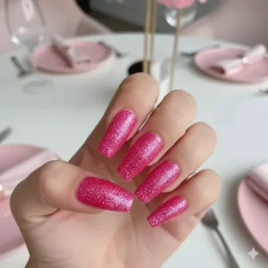 Hot pink glitter acrylic nails in a stylish coffin shape, perfect for a bold, festive look.