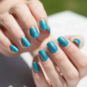 A fun, summery manicure using a light blue sparkle nail polish on long, almond-shaped nails.