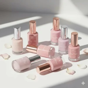 A collection of various branded bottles of light pink gel nail polish shades displayed on a clean white background.