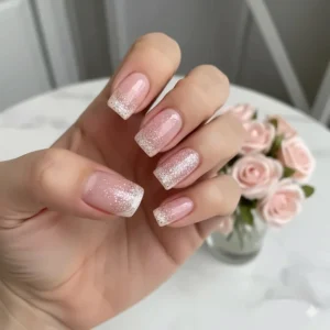 Elegant light pink glitter French tip nail polish design on natural-shaped nails.