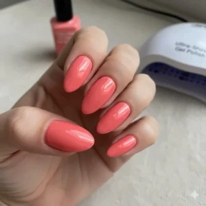 A durable, long-lasting manicure featuring a glossy gel finish in a beautiful, classic coral pink nail polish color.