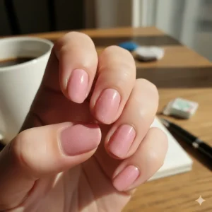 A glossy image highlighting the long-lasting finish of a pink shimmer nail polish after several days of wear.