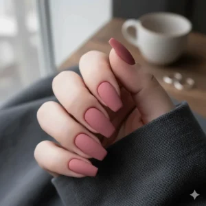 Nails featuring a velvety smooth matte pink nail polish finish, showcasing a modern texture.