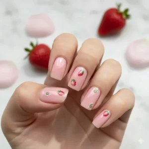Elegant nail art using strawberry milk nail polish as the base with small, hand-painted red strawberry accents.