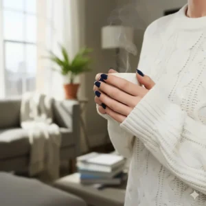 A chic pairing of navy blue nails with a white sweater, demonstrating how the polish complements winter or fall fashion.