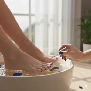 A relaxing pedicure showcasing a beautiful royal blue shade on the toenails.