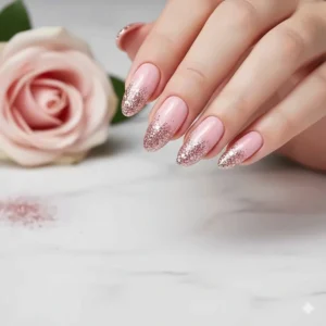 Beautiful pink glitter ombre nail design on almond-shaped nails, offering sophisticated manicure ideas.