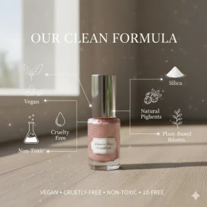 An infographic detailing the non-toxic and vegan ingredients in the featured pink sparkle nail polish.