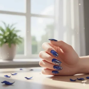 Elegant royal blue nail polish manicure with delicate gold foil nail art accents.