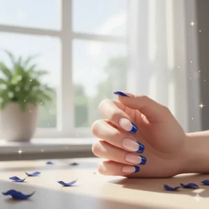 Modern French manicure featuring royal blue tips over a sheer nude base.