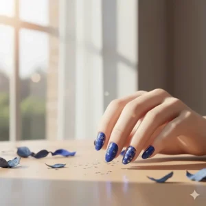 Festive nail art design using royal blue nail polish with silver glitter accents for a sparkling look.