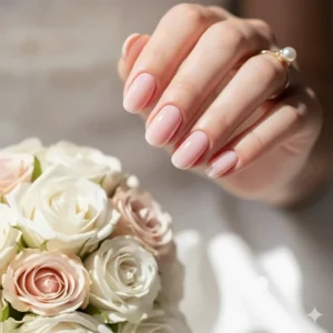 A delicate and glossy application of sheer pale pink gel nail polish for a clean, bridal look.