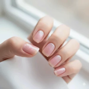 Hand modeling a sheer pink nail polish with a subtle, fine glitter finish.